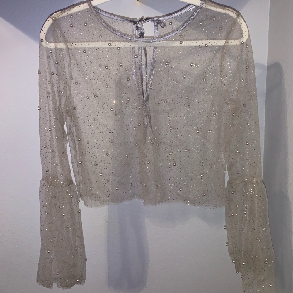 Forever 21 Mesh Sheer Pearl & Gold Glitter Top